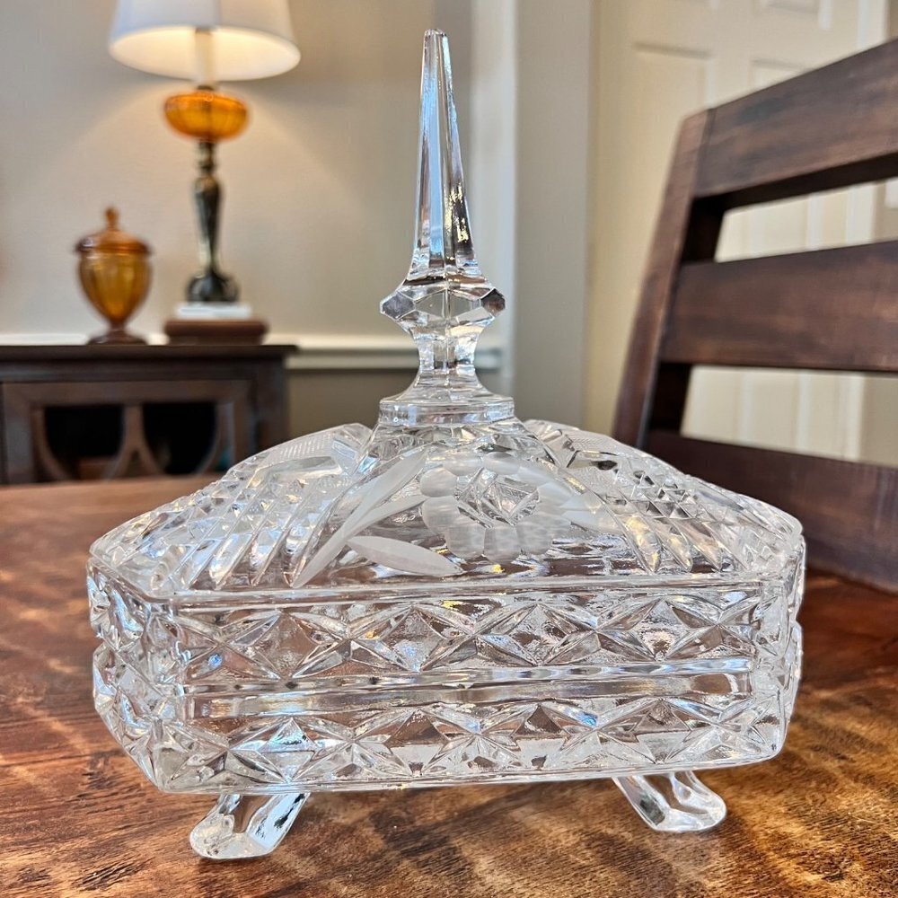 Vintage Heavy Footed Crystal Candy Trinket Dish